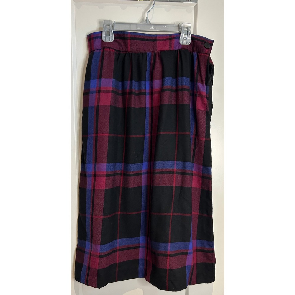 Vintage Plaid Midi Skirt Black Magenta Blue Tartan A-Line Side Pocket